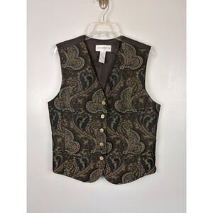 Vintage Liz Claiborne Tapestry Brown Green Paisley Brocade Vest Size 12 Earthy
